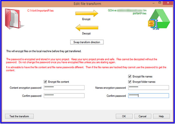 Transform encrypt settings