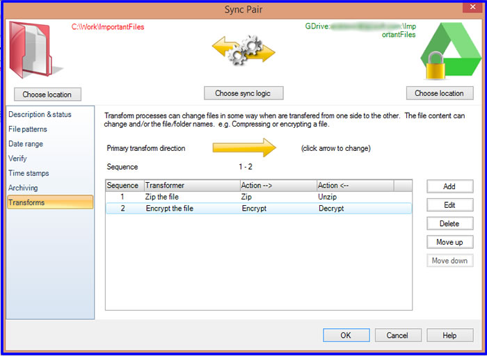 Transform sync pair with zip and encrypt